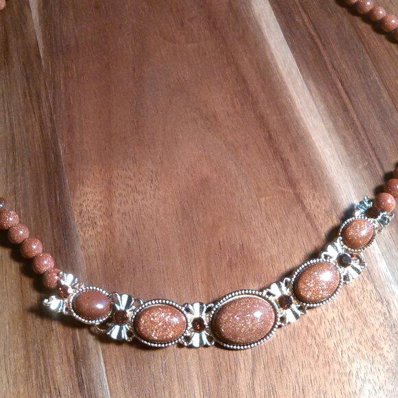 Gold Sandstone and Brown Austrian Crystal Beaded Goldtone Dragon Necklace - Picture 2 of 13